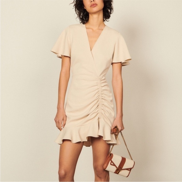 Sandro Albi Ruched Crepe Ruffled Short Sleeve V-Neck Dress Cream EU 40/ US 8 - Picture 1 of 16